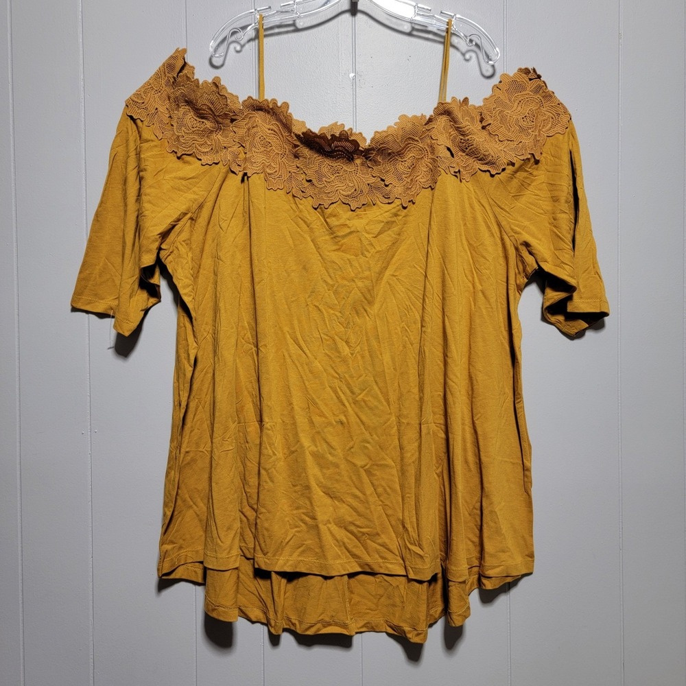 Denim 24/7 Mustard Yellow Lace Trim Cold Shoulder Top Womens Plus 3X 30/32